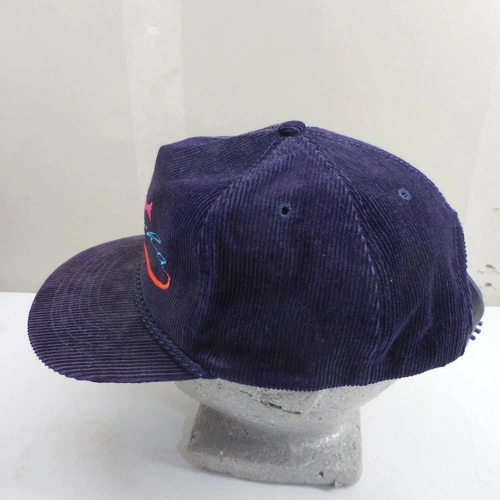 Vintage Ace Alaska Salmon Corduroy Snapback Hat Navy Blue Fish Rope Trucker OSFM